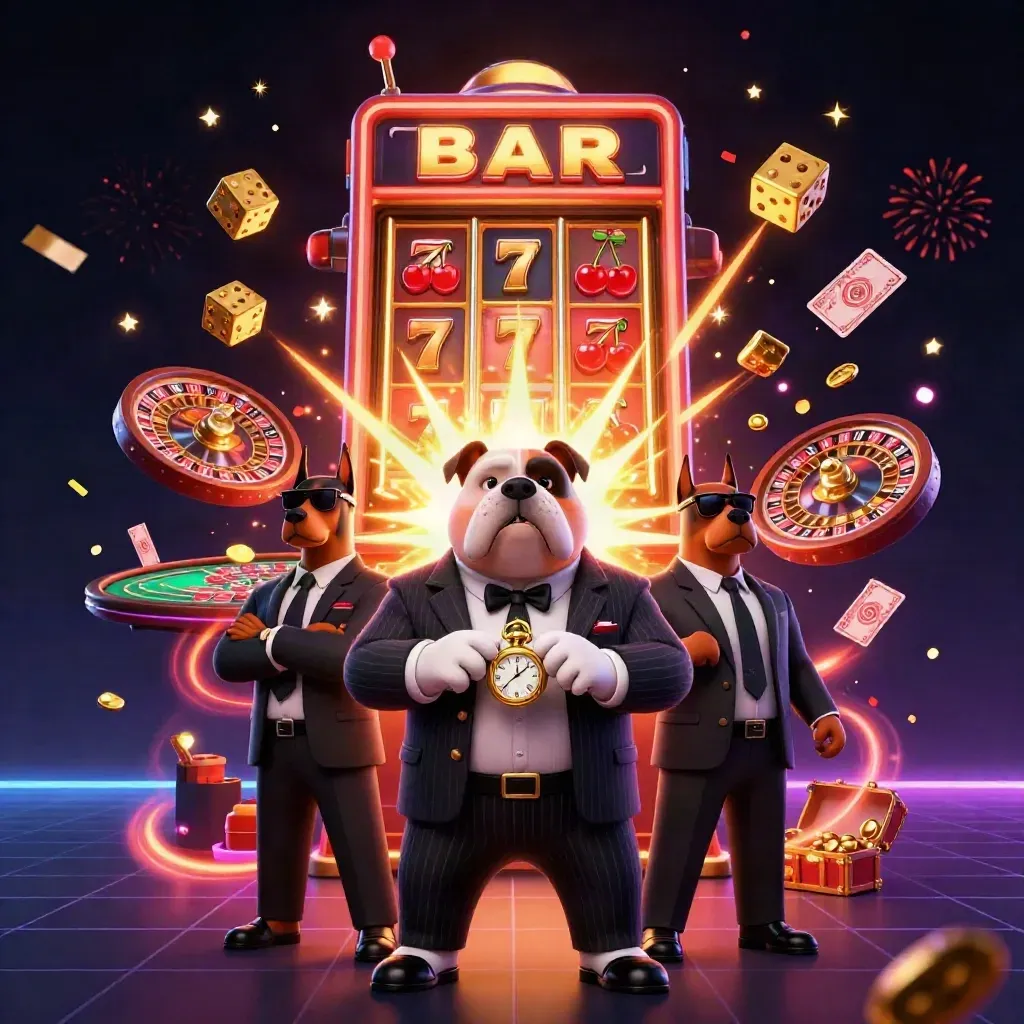 Bulldog mob boss with two dobermans amid jackpot slots, dice, roulette and gold.