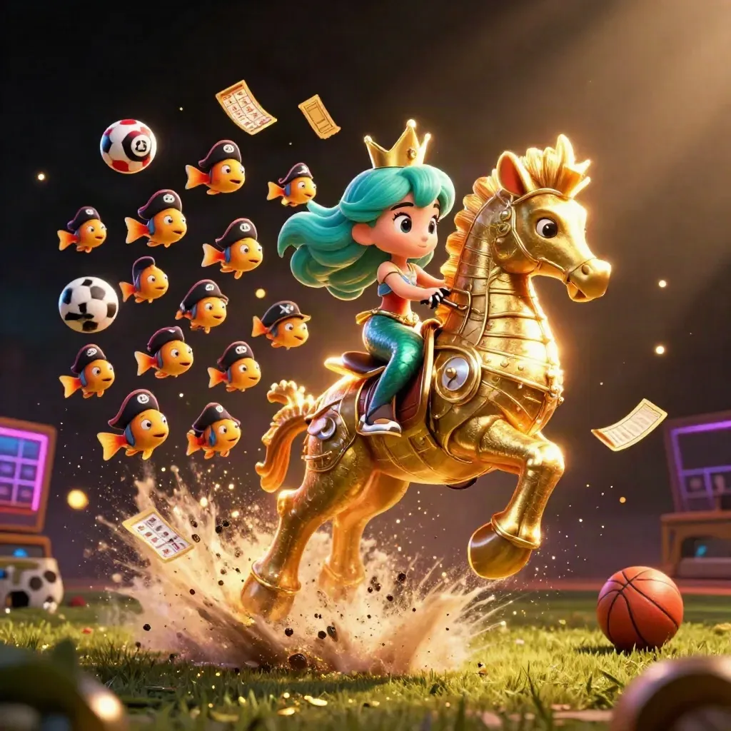 Mermaid princess rides a gold-armoured seahorse amid casino game bursts and sports balls.