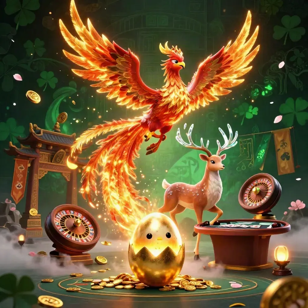 Phoenix, hatching baby phoenix, and crystal-antlered stag amid casino magic and gold light