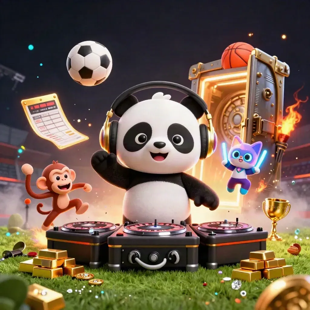 Cartoon panda DJ, monkey and glow-stick kitten in casino sports chaos with vault light and flying balls.