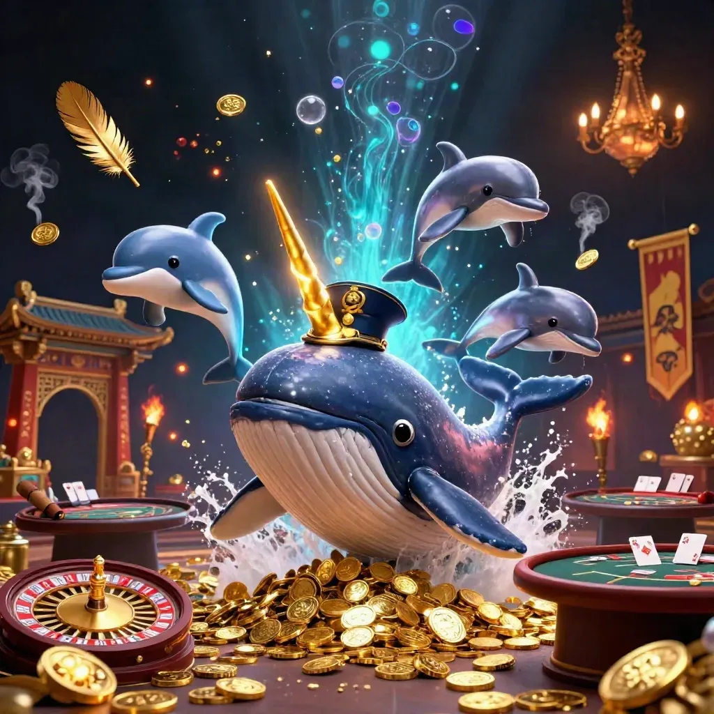 Whale, narwhal and dolphins in a neon casino sea of coins under a chandelier.