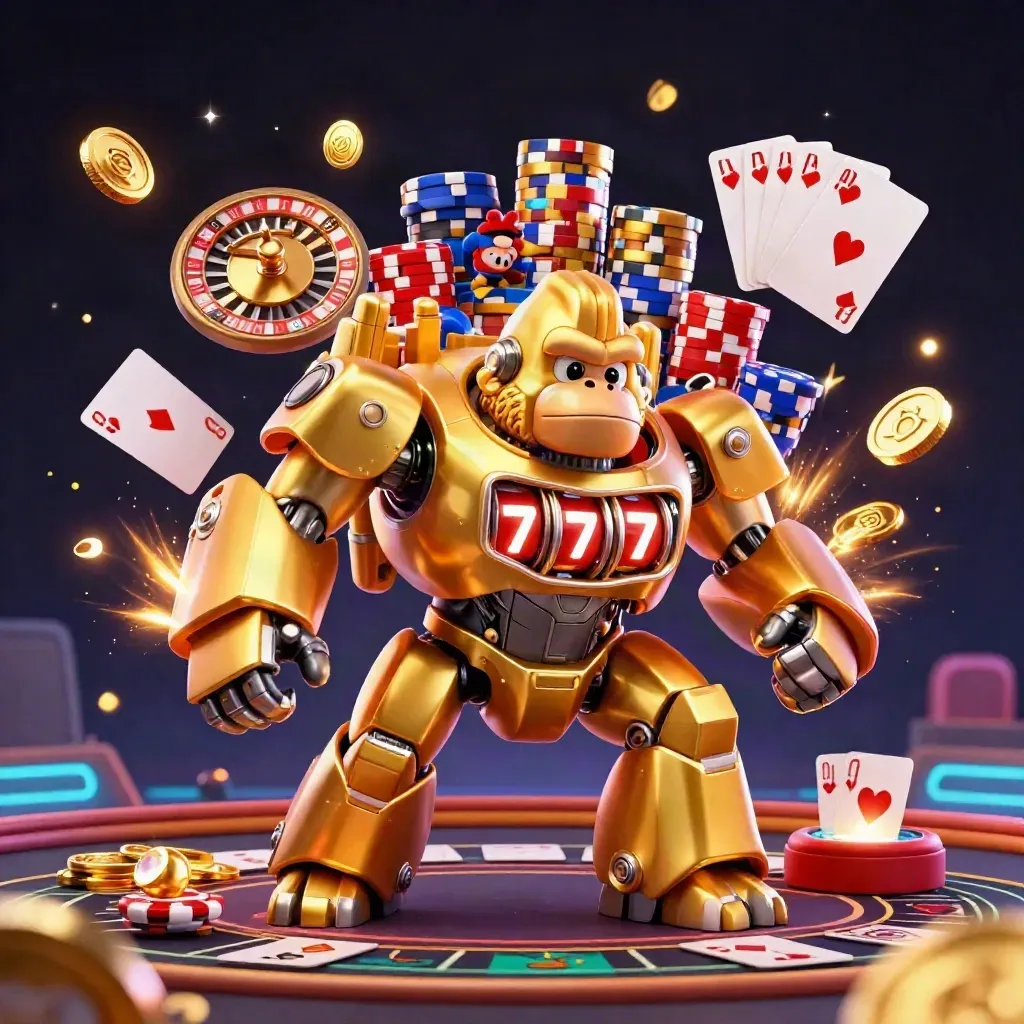 Golden gorilla mech casino hero with monkey pilot, roulette wheel, coins, chips, and luxury glow.
