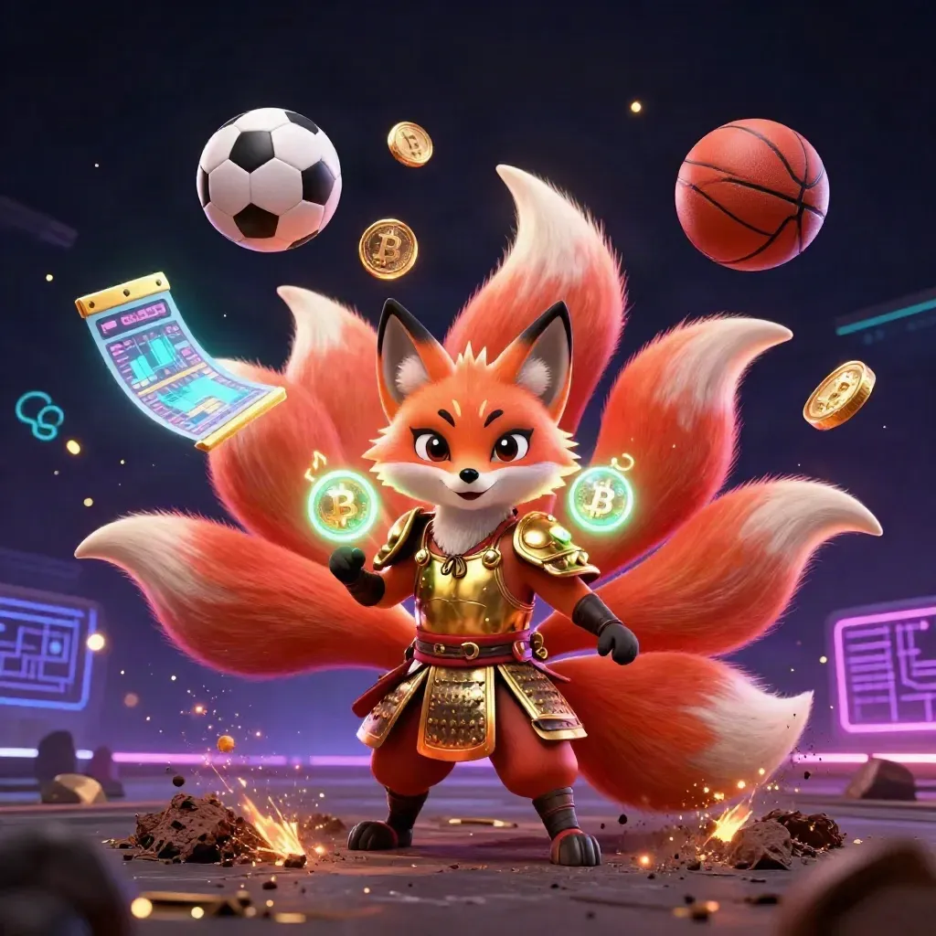 Neon fox spirit and golden mouse amid flying sports balls, crypto coins, and casino effects.