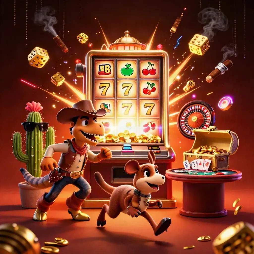 Cowboy T-Rex, cactus, and sheriff roadrunner amid casino loot and neon glow.