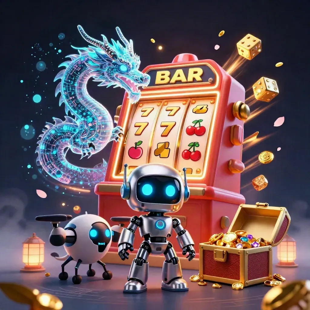 Robot, holographic dragon, and coin drone explode from a jackpot slot chest in neon casino style.