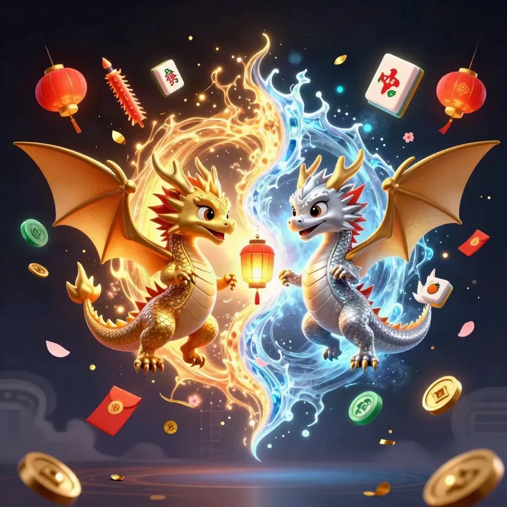 Gold and silver dragons spiral in a fire-and-ice yin-yang with casino charms and glowing jade coins.