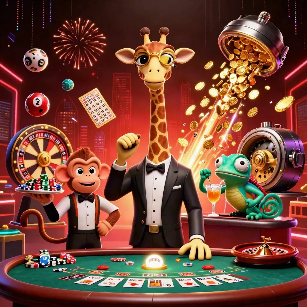 Giraffe, monkey, and chameleon at a casino table amid coins, fireworks, and neon effects.