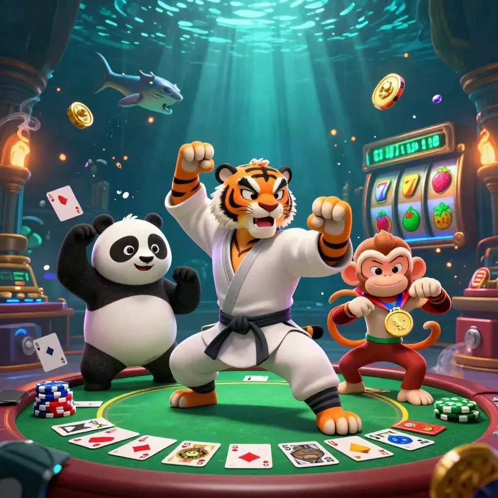 Tiger, panda and monkey in a casino temple with chips, cards and glowing treasure.