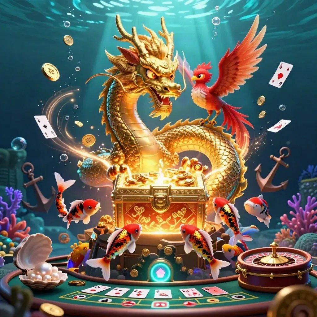 Golden dragon, phoenix, and koi amid casino treasures underwater in neon light.