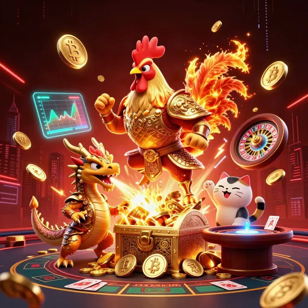 Rooster warrior, dragon hatchling and fortune cat amid exploding treasure, coins, crypto glow and casino action.