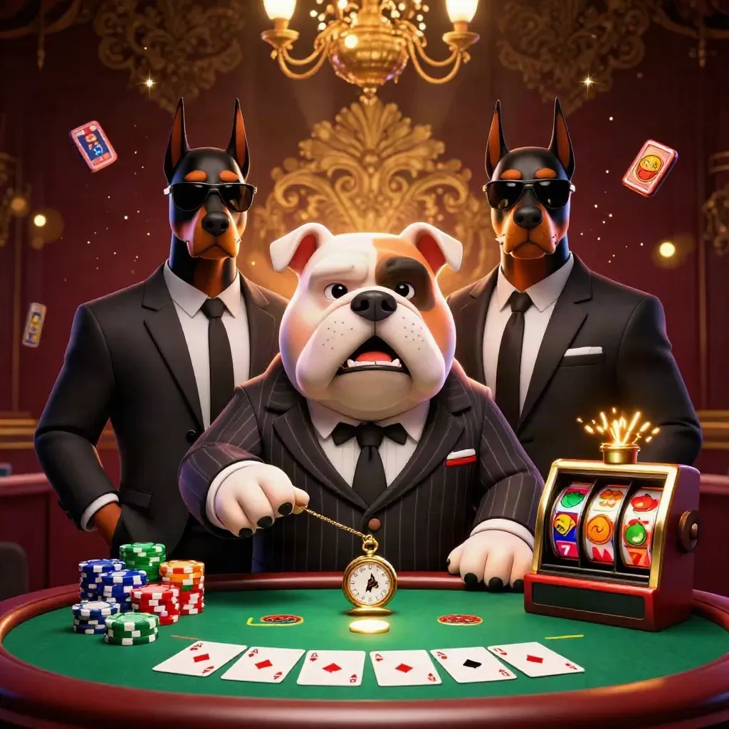 Mafia bulldog and two Dobermans amid poker chips, reels, and gold casino glow.