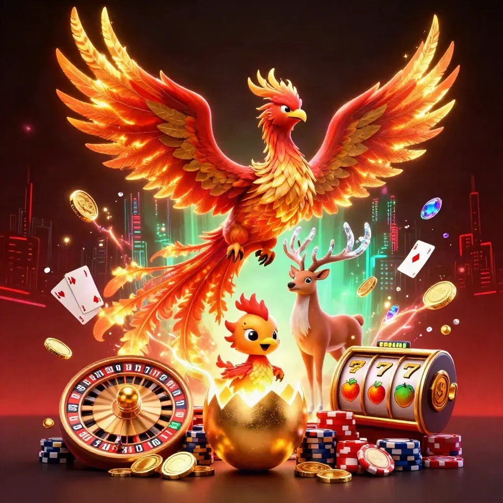 Fire phoenix, baby phoenix and crystalline stag amid casino coins, chips, roulette, cards and neon sparks.