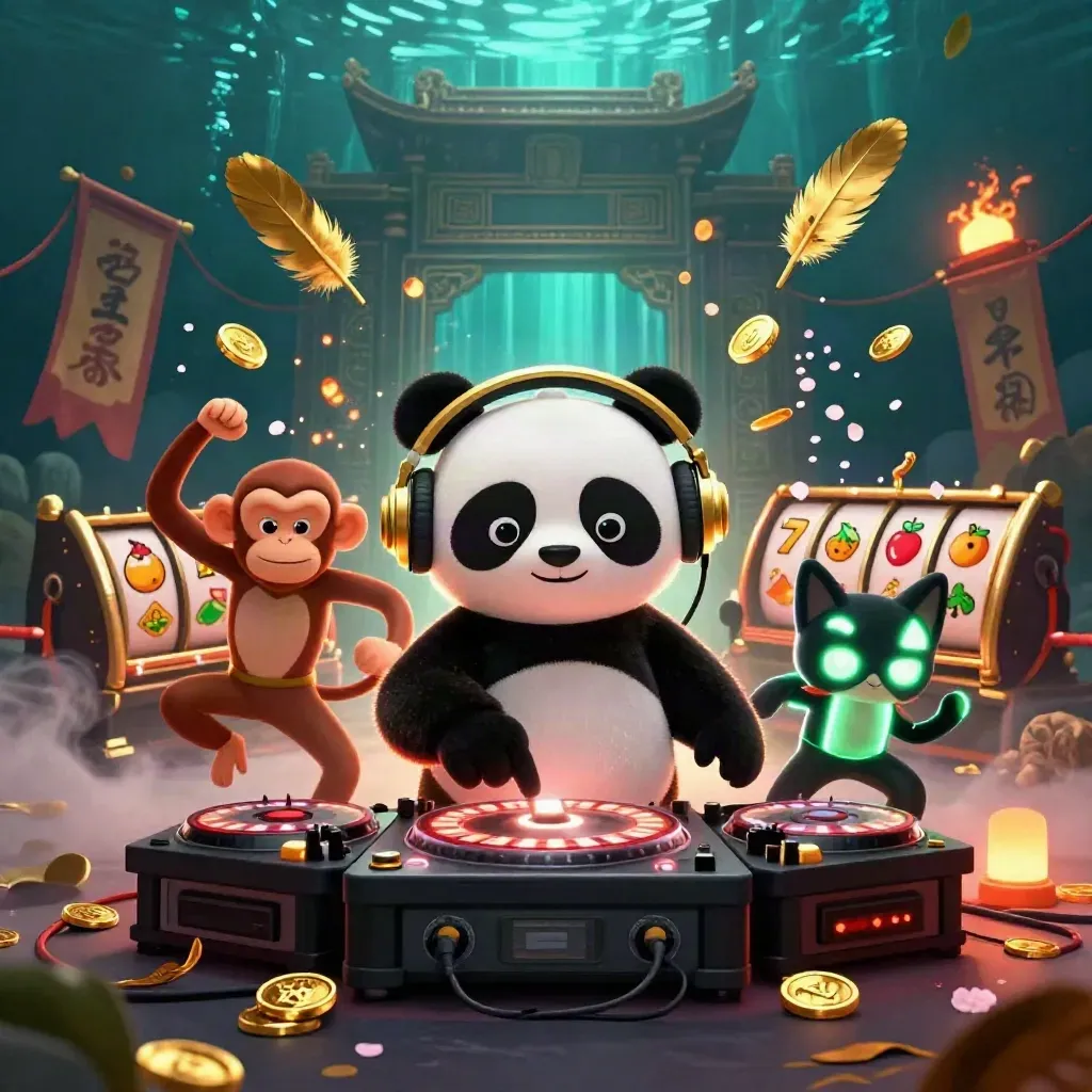 DJ panda, dancing monkey, and neon kitten at roulette turntables in a gold-lit casino fantasy.