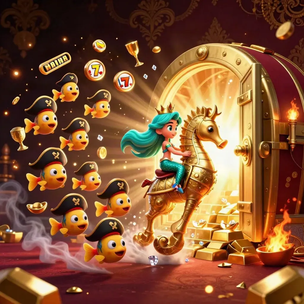 Mermaid princess on jeweled seahorse, bursting casino treasure vault, slots symbols and gold