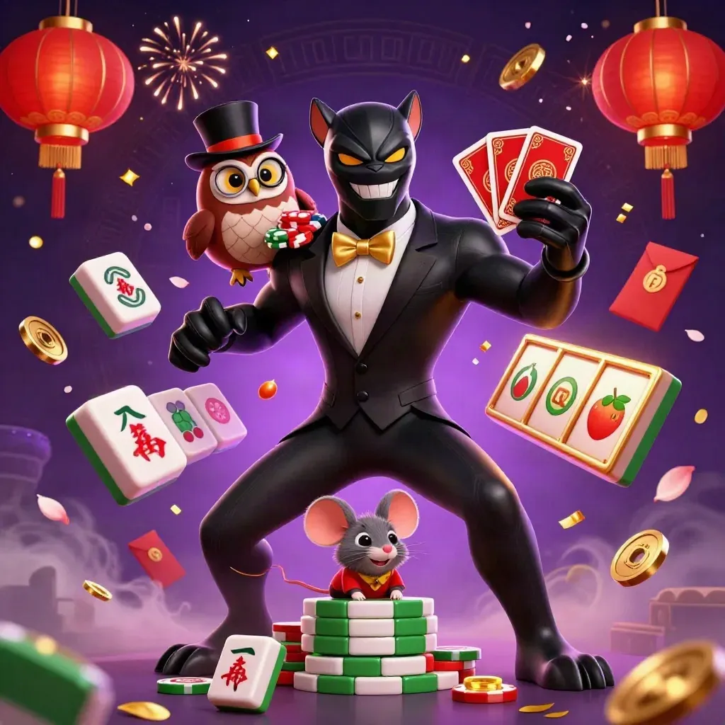 Panther, owl, and mouse deal casino cards amid lanterns, jade coins, and slot sparks.