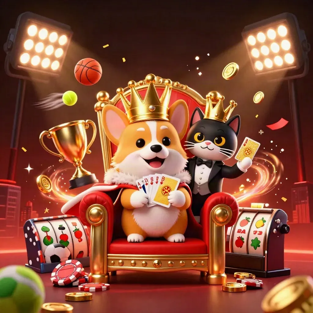 Royal corgi and cat butler on chip throne amid casino lights, coins, reels and sports balls